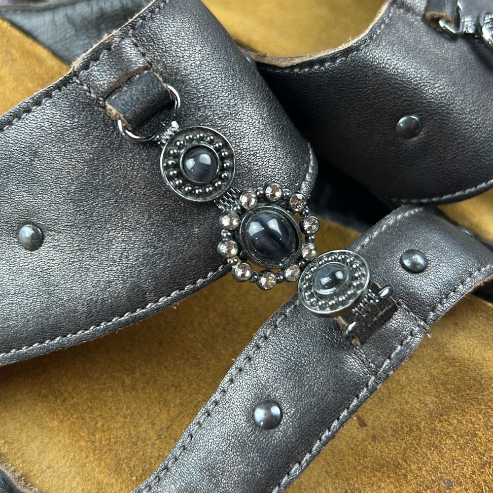 NAOT Deep Metallic Pewter Leather Jeweled Open Toe Slip On Low Wedge Sandals - Picture 17 of 17